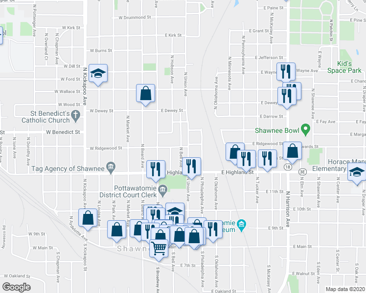 map of restaurants, bars, coffee shops, grocery stores, and more near 536 North Union Avenue in Shawnee