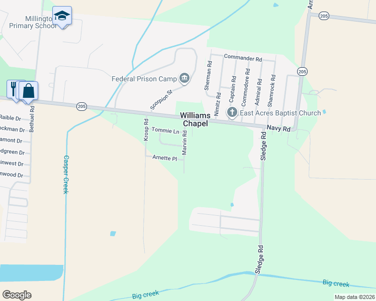 map of restaurants, bars, coffee shops, grocery stores, and more near 7608 Marvin Road in Millington