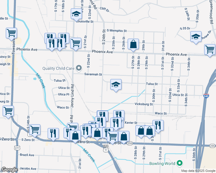 map of restaurants, bars, coffee shops, grocery stores, and more near 5027 Allison Lane in Fort Smith