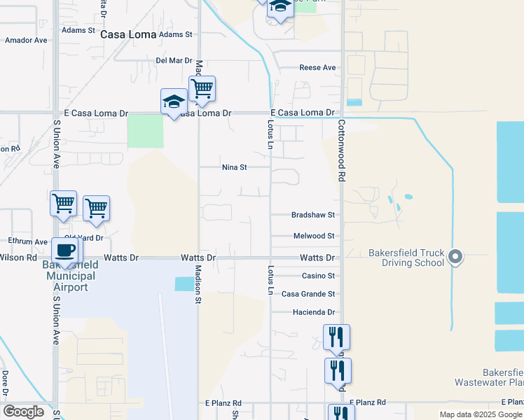 map of restaurants, bars, coffee shops, grocery stores, and more near 1902 Lotus Lane in Bakersfield