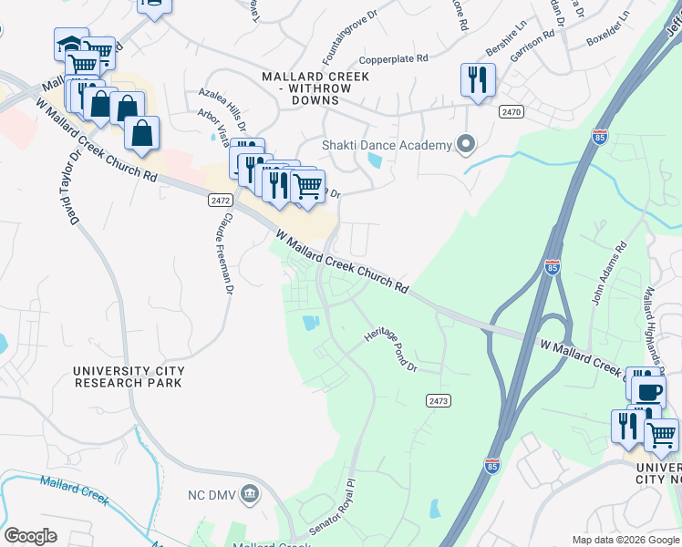 map of restaurants, bars, coffee shops, grocery stores, and more near 1835 West Mallard Creek Church Road in Charlotte