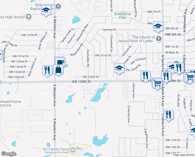 map of restaurants, bars, coffee shops, grocery stores, and more near 536 Southwest 134th Street in Oklahoma City