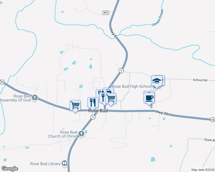 map of restaurants, bars, coffee shops, grocery stores, and more near 103 Dogwood Trail in Rose Bud