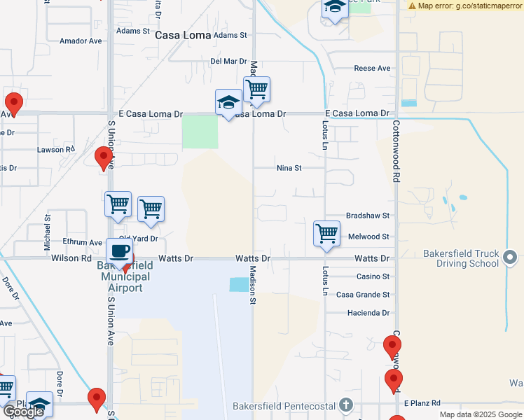 map of restaurants, bars, coffee shops, grocery stores, and more near 1885 Madison Street in Bakersfield