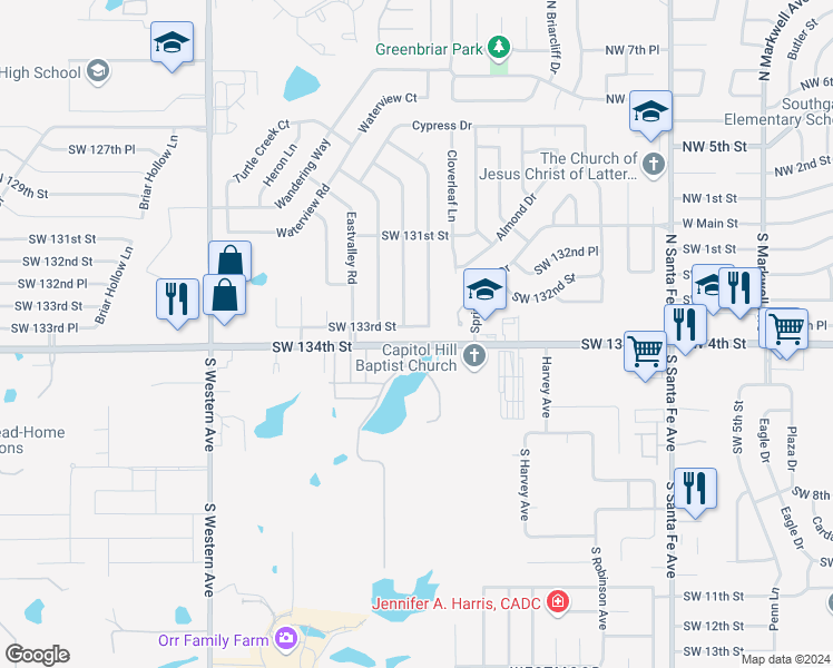 map of restaurants, bars, coffee shops, grocery stores, and more near 508 Southwest 133rd Street in Oklahoma City