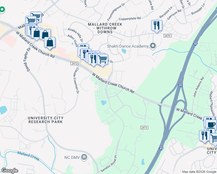 map of restaurants, bars, coffee shops, grocery stores, and more near 8774-9060 Senator Royall Drive in Charlotte