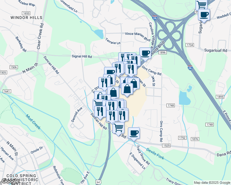 map of restaurants, bars, coffee shops, grocery stores, and more near 1800 4 Seasons Boulevard in Hendersonville
