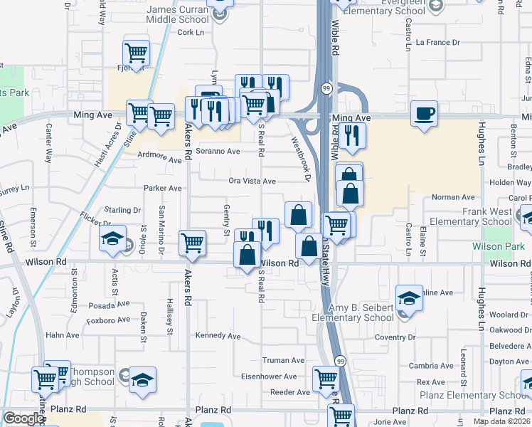 map of restaurants, bars, coffee shops, grocery stores, and more near 2224 South Real Road in Bakersfield