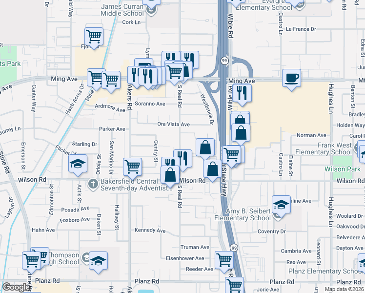 map of restaurants, bars, coffee shops, grocery stores, and more near 2218 South Real Road in Bakersfield