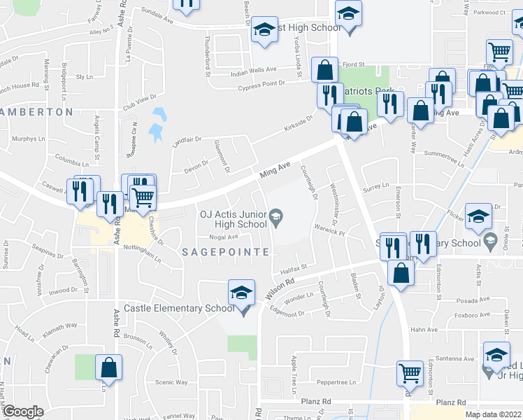 map of restaurants, bars, coffee shops, grocery stores, and more near 2205 Westholme Boulevard in Bakersfield