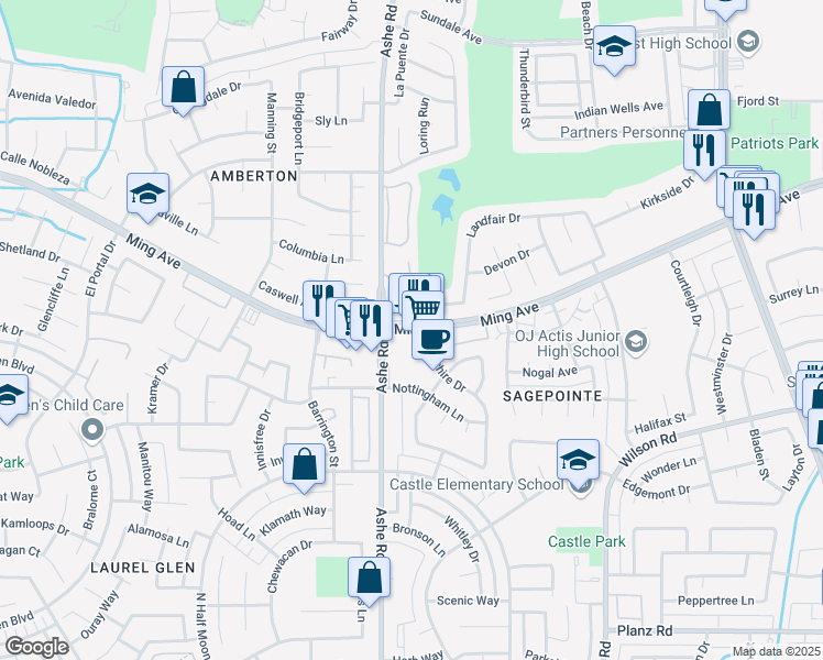 map of restaurants, bars, coffee shops, grocery stores, and more near 6451 Ming Avenue in Bakersfield