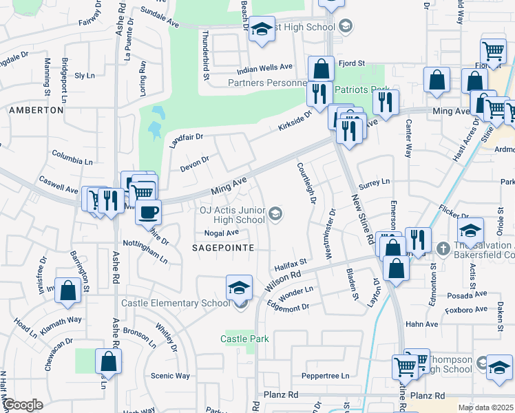 map of restaurants, bars, coffee shops, grocery stores, and more near 2309 Westholme Boulevard in Bakersfield