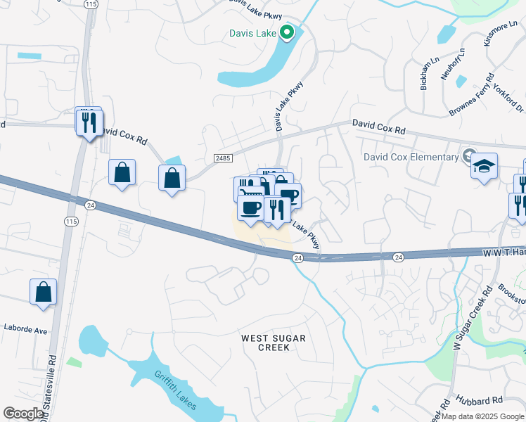 map of restaurants, bars, coffee shops, grocery stores, and more near 8511 Davis Lake Parkway in Charlotte