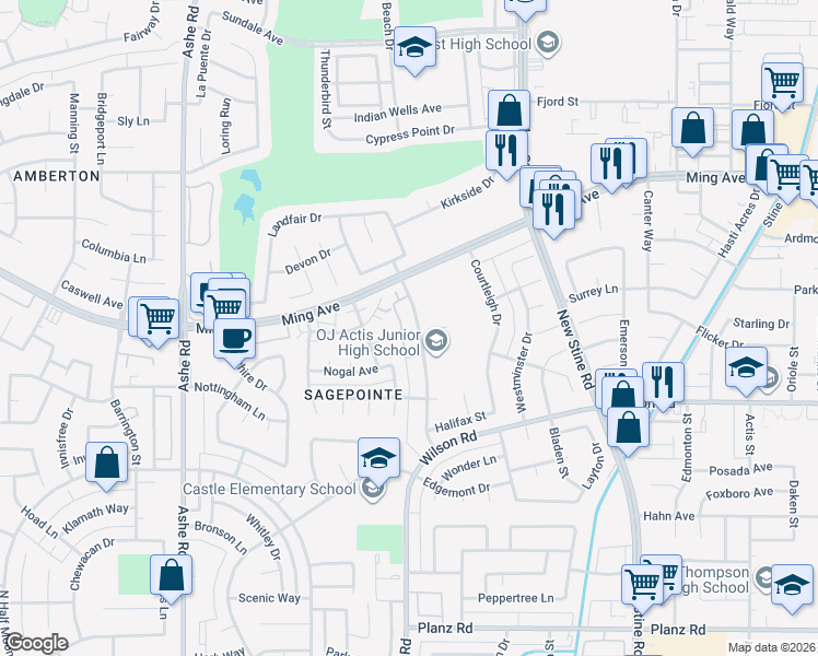 map of restaurants, bars, coffee shops, grocery stores, and more near 2205 Westholme Boulevard in Bakersfield