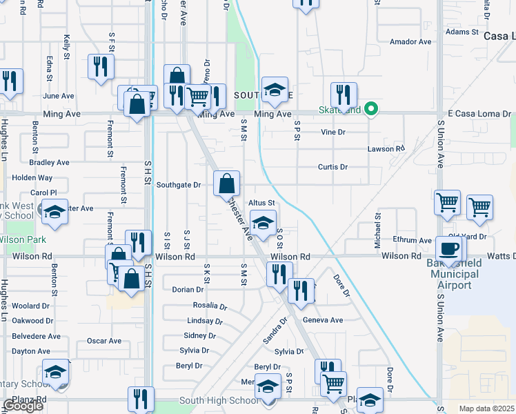 map of restaurants, bars, coffee shops, grocery stores, and more near 2300 South Chester Avenue in Bakersfield