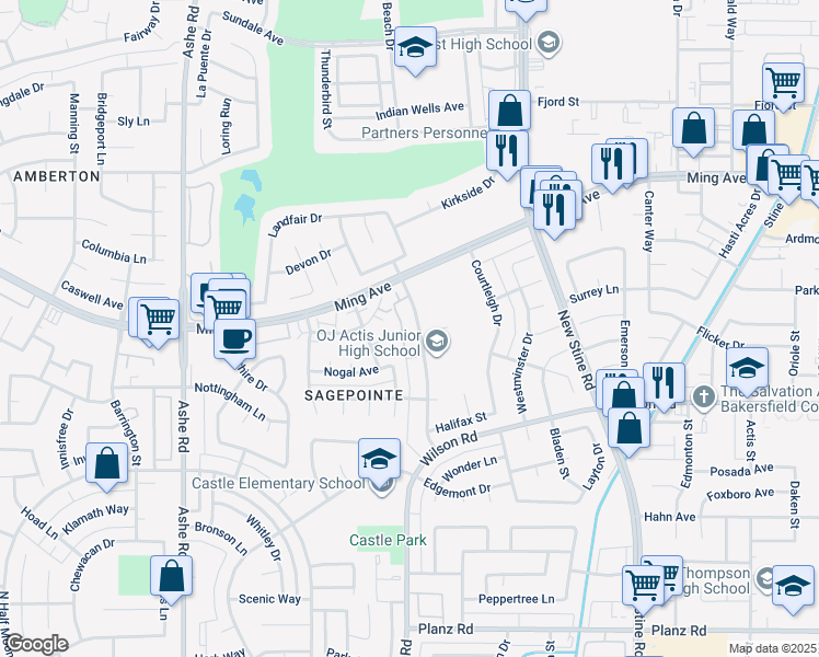 map of restaurants, bars, coffee shops, grocery stores, and more near 2205 Westholme Boulevard in Bakersfield