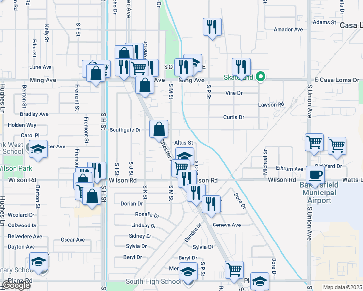 map of restaurants, bars, coffee shops, grocery stores, and more near 2300 South Chester Avenue in Bakersfield