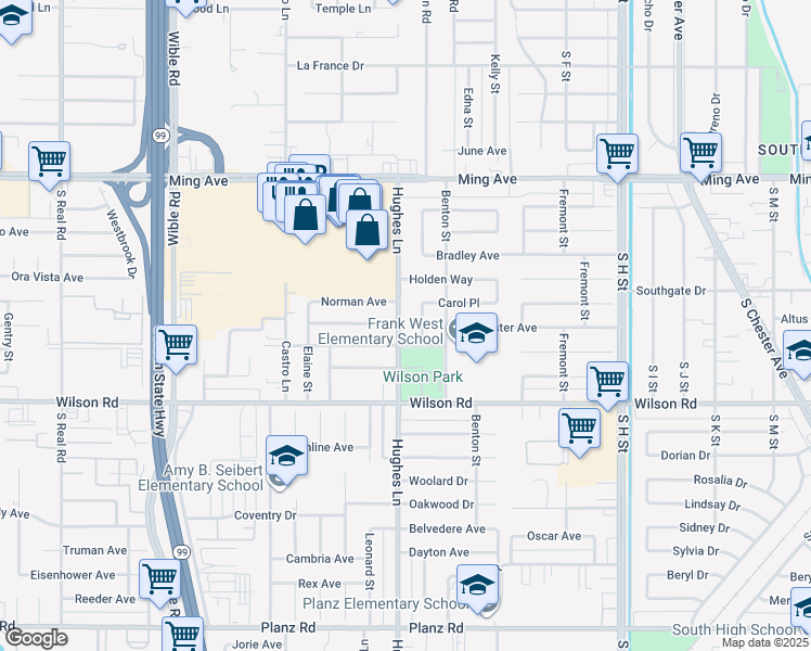map of restaurants, bars, coffee shops, grocery stores, and more near 2400 Echo Avenue in Bakersfield