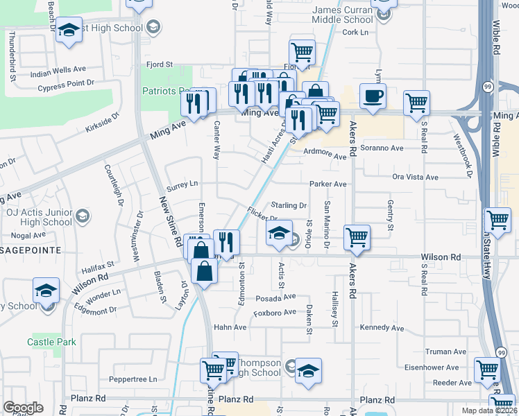 map of restaurants, bars, coffee shops, grocery stores, and more near 2300 Sandpiper Road in Bakersfield