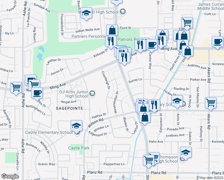 map of restaurants, bars, coffee shops, grocery stores, and more near 2212 Westminster Drive in Bakersfield