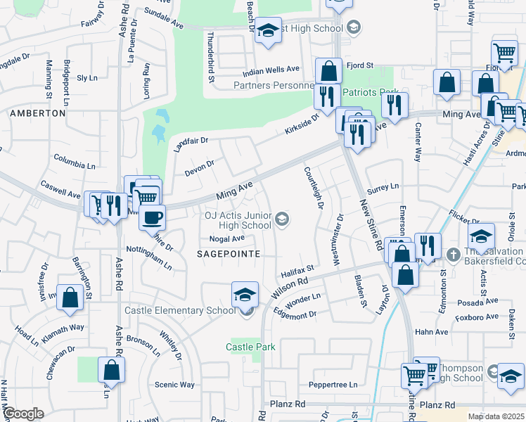 map of restaurants, bars, coffee shops, grocery stores, and more near 2309 Westholme Boulevard in Bakersfield