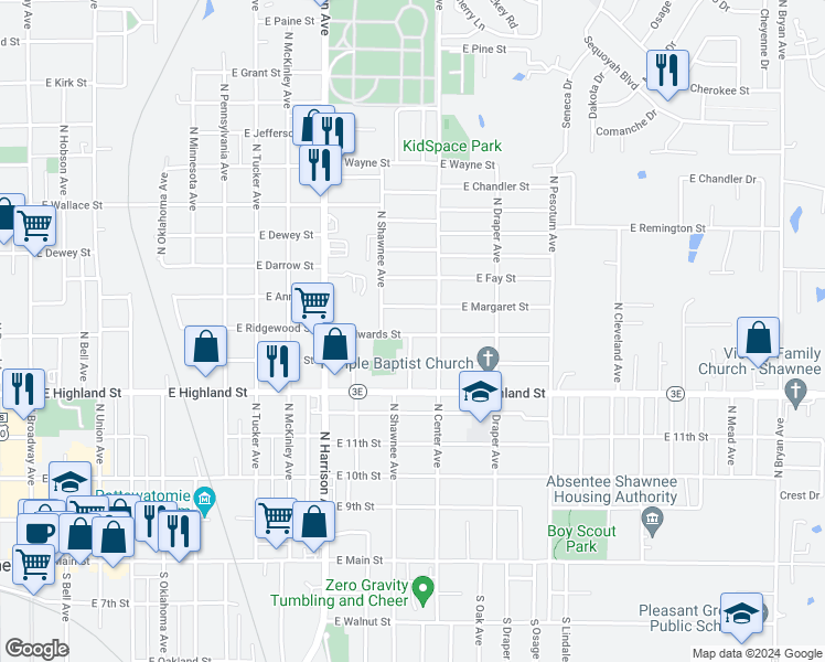 map of restaurants, bars, coffee shops, grocery stores, and more near 1108 East Edwards Street in Shawnee