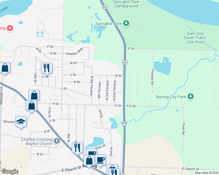 map of restaurants, bars, coffee shops, grocery stores, and more near 1003 North 3rd Terrace in Barling