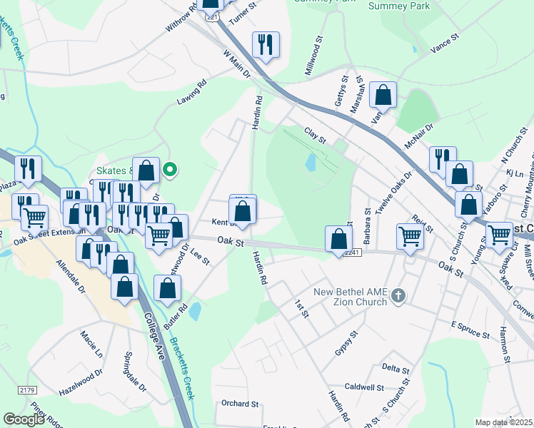 map of restaurants, bars, coffee shops, grocery stores, and more near 131 Bellvue Street in Forest City