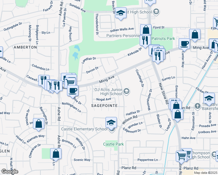 map of restaurants, bars, coffee shops, grocery stores, and more near 5912 Almendra Court in Bakersfield
