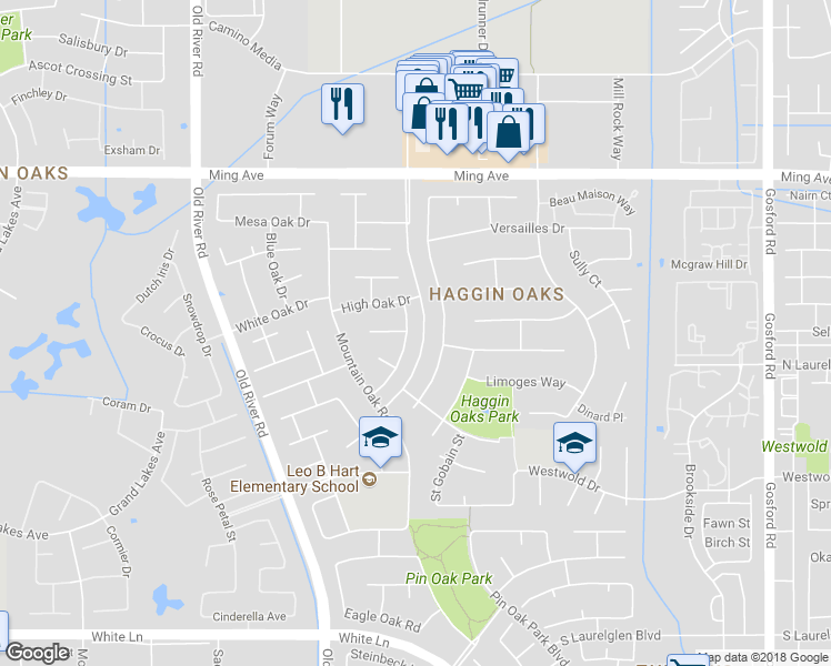 map of restaurants, bars, coffee shops, grocery stores, and more near 2200 Gambel Oak Way in Bakersfield