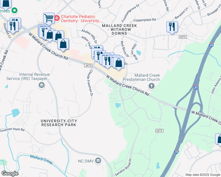 map of restaurants, bars, coffee shops, grocery stores, and more near 1919 West Mallard Creek Church Road in Charlotte