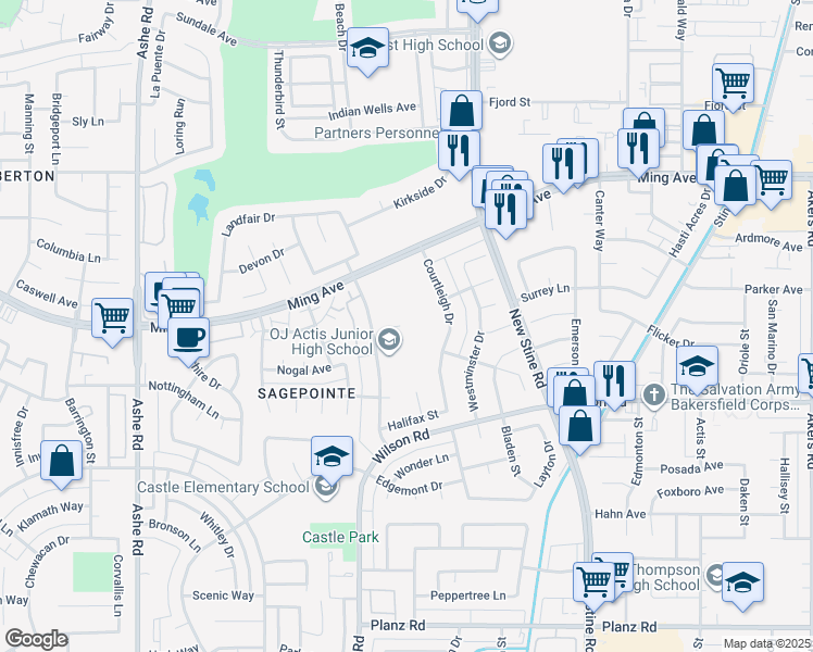 map of restaurants, bars, coffee shops, grocery stores, and more near 2400 Westholme Boulevard in Bakersfield