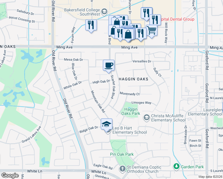 map of restaurants, bars, coffee shops, grocery stores, and more near 2200 Gambel Oak Way in Bakersfield
