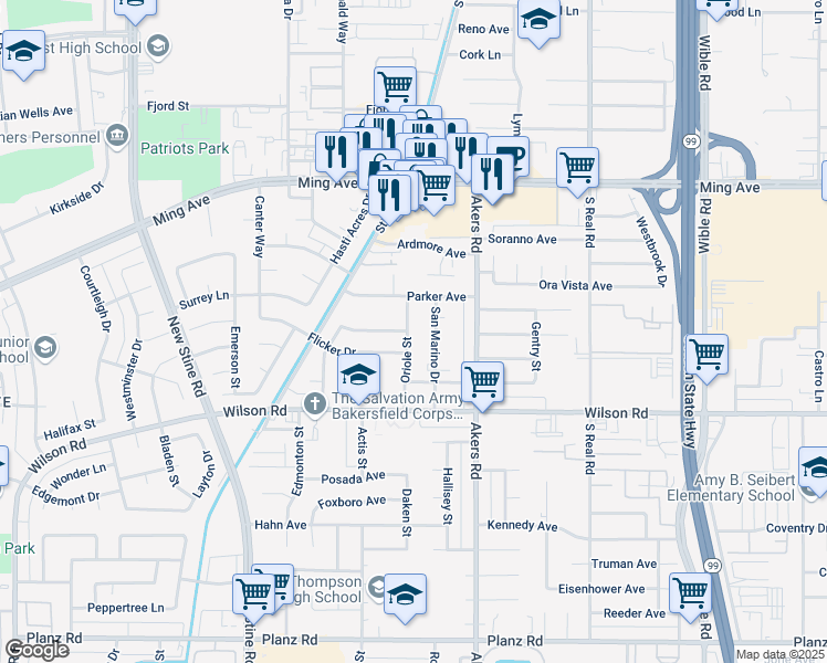 map of restaurants, bars, coffee shops, grocery stores, and more near 2204 Oriole Street in Bakersfield