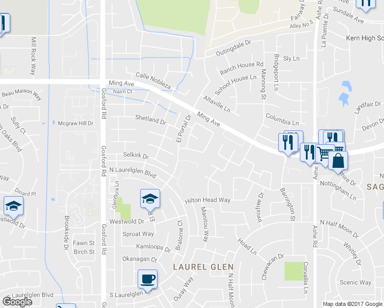 map of restaurants, bars, coffee shops, grocery stores, and more near 7313 Calle Los Manzanos in Bakersfield