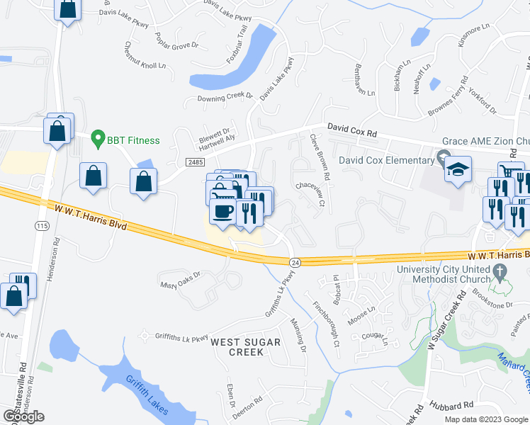 map of restaurants, bars, coffee shops, grocery stores, and more near University Station Circle in Charlotte