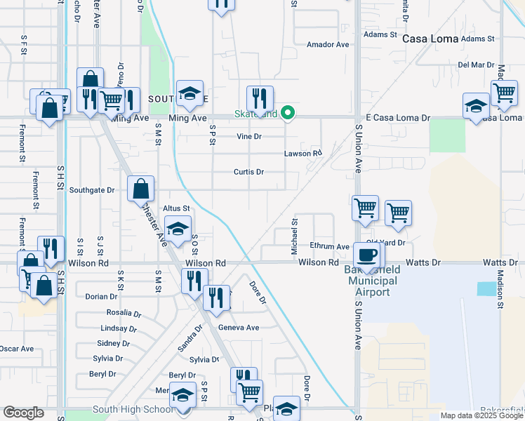 map of restaurants, bars, coffee shops, grocery stores, and more near 519 Southgate Drive in Bakersfield