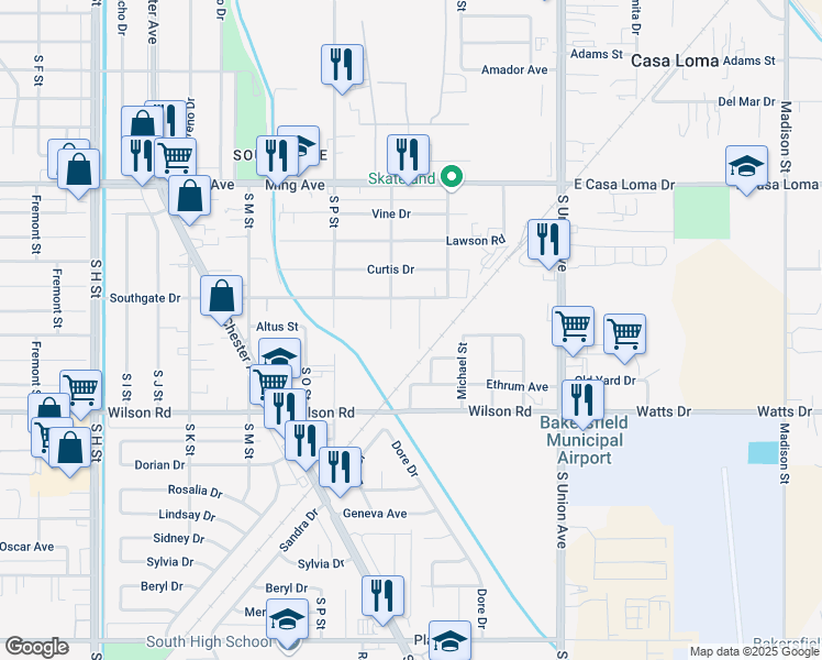 map of restaurants, bars, coffee shops, grocery stores, and more near 519 Southgate Drive in Bakersfield