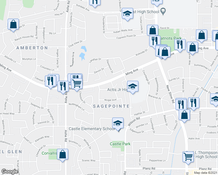 map of restaurants, bars, coffee shops, grocery stores, and more near 2021 Kinross Court in Bakersfield