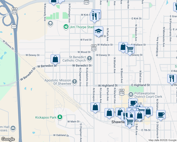 map of restaurants, bars, coffee shops, grocery stores, and more near 624 North Aydelotte Avenue in Shawnee