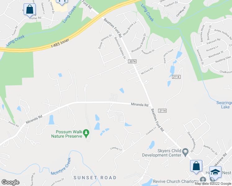 map of restaurants, bars, coffee shops, grocery stores, and more near 3729 Miranda Road in Charlotte