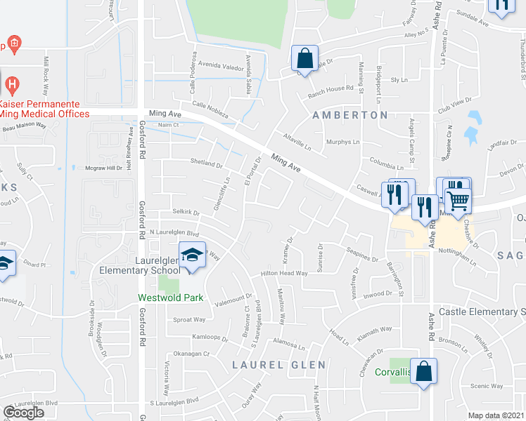 map of restaurants, bars, coffee shops, grocery stores, and more near 7313 Calle Los Manzanos in Bakersfield