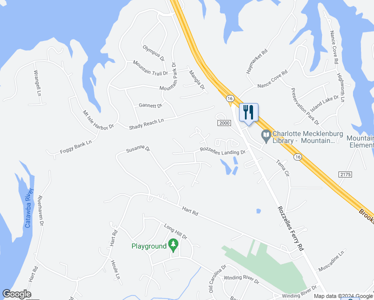 map of restaurants, bars, coffee shops, grocery stores, and more near 2707 Rozzelles Landing Drive in Charlotte