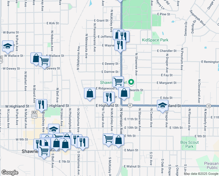 map of restaurants, bars, coffee shops, grocery stores, and more near 731 North McKinley Avenue in Shawnee