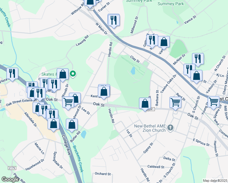 map of restaurants, bars, coffee shops, grocery stores, and more near 131 Bellvue Street in Forest City