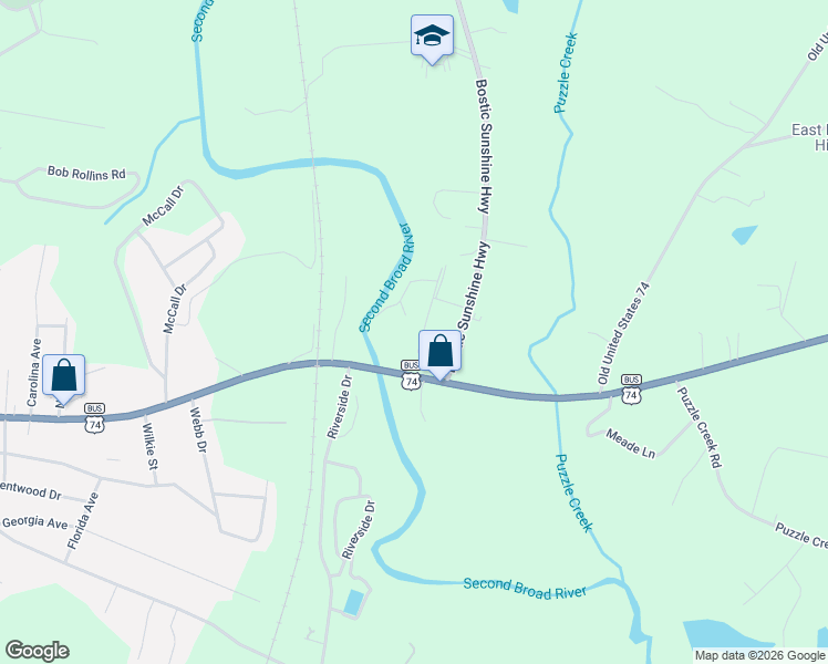 map of restaurants, bars, coffee shops, grocery stores, and more near 157 Coral Drive in Bostic