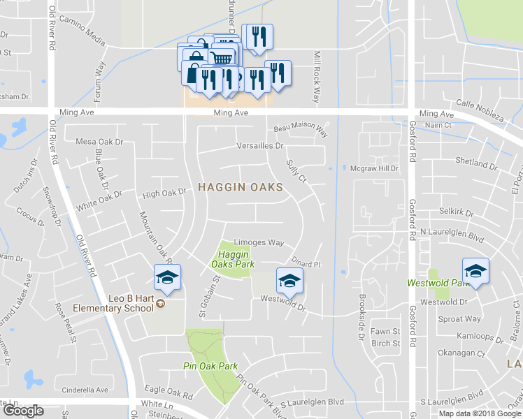 map of restaurants, bars, coffee shops, grocery stores, and more near 8905 Saint Cloud Lane in Bakersfield