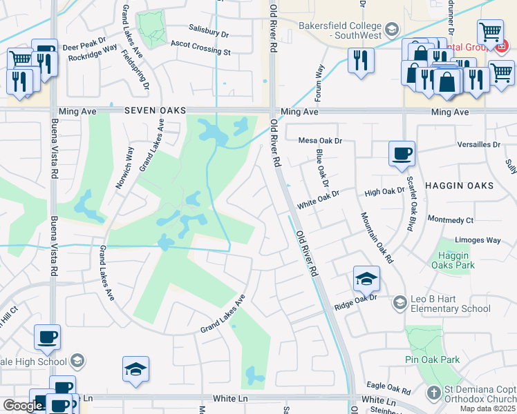map of restaurants, bars, coffee shops, grocery stores, and more near 10111 Alyssum Court in Bakersfield
