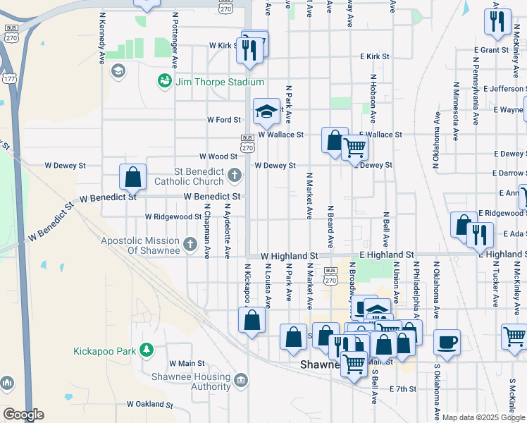 map of restaurants, bars, coffee shops, grocery stores, and more near 627 North Louisa Avenue in Shawnee