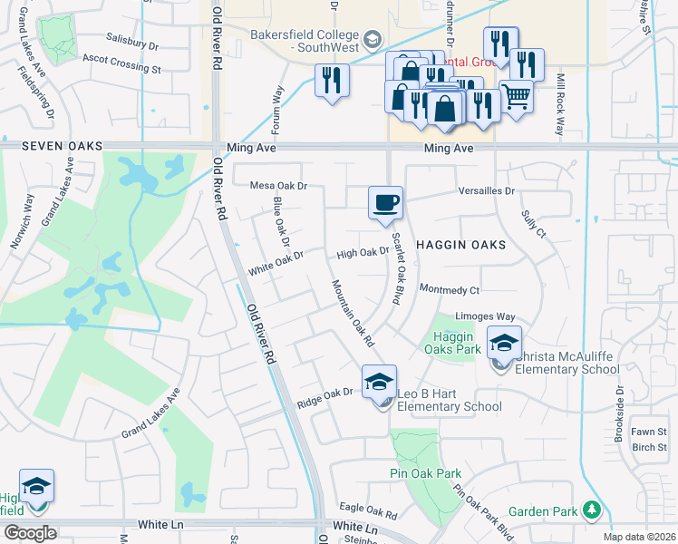 map of restaurants, bars, coffee shops, grocery stores, and more near 2104 Mountain Oak Road in Bakersfield